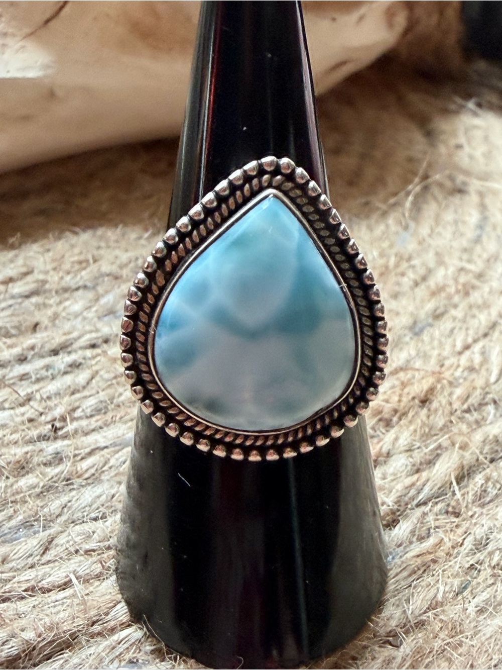 Sterling Silver Teardrop Larimar Ring in Sky Blue